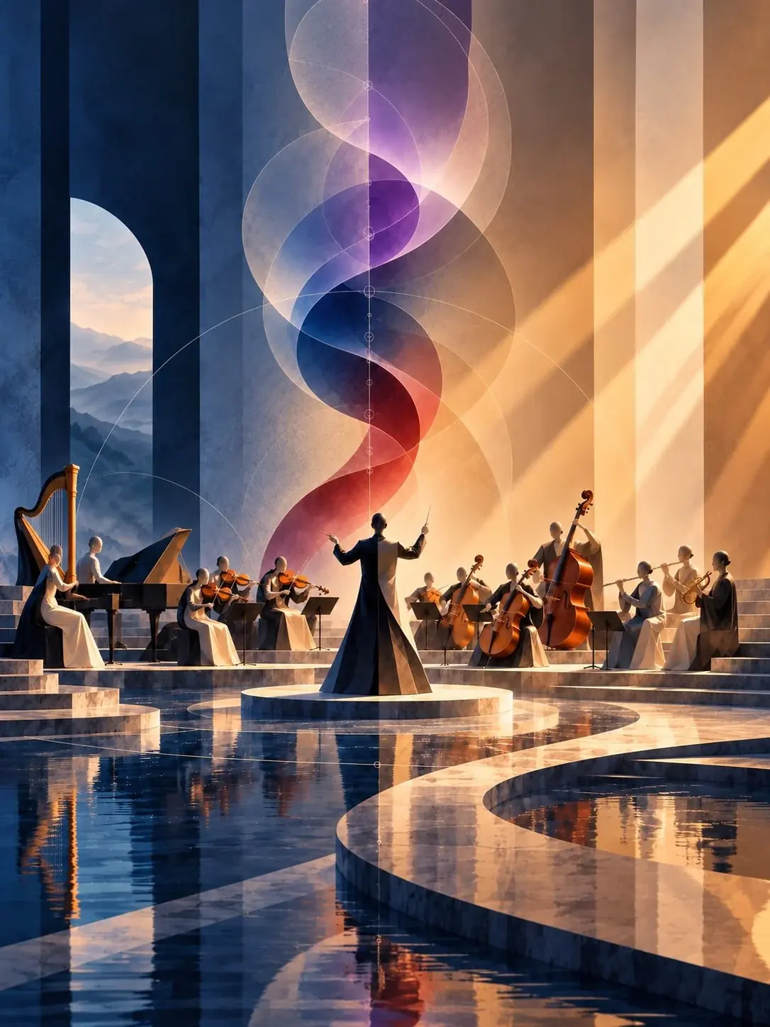 Ilustração de uma orquestra em semicírculo com o maestro ao centro, atravessada por uma espiral de cores que sobe do palco.
