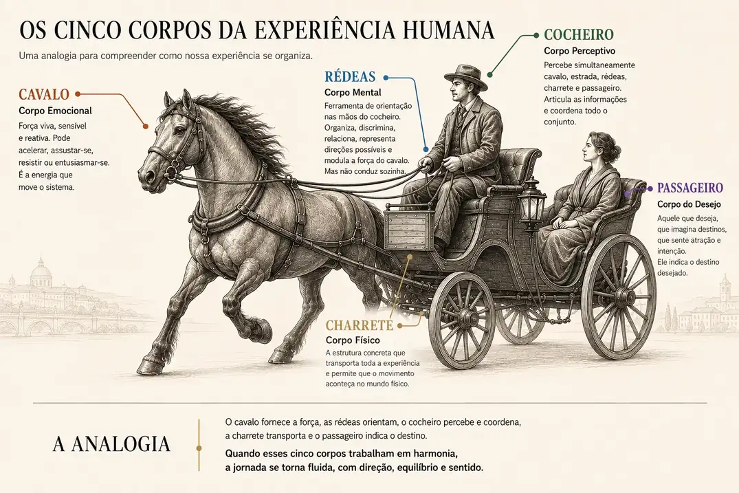 Ilustração de uma charrete puxada por um cavalo: o cavalo é o Corpo Emocional, as rédeas o Corpo Mental, o cocheiro o Corpo Perceptivo, a charrete o Corpo Físico e o passageiro o Corpo do Desejo.